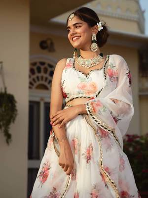 white organza floral printed lehenga set choli with dupatta with gota patti dupatta 3