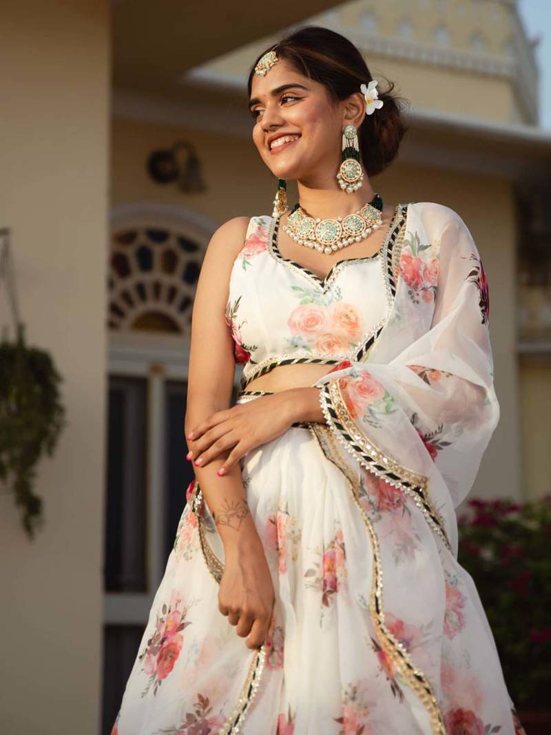 White Organza Floral Printed Lehenga Choli  with Gota patti Dupatta