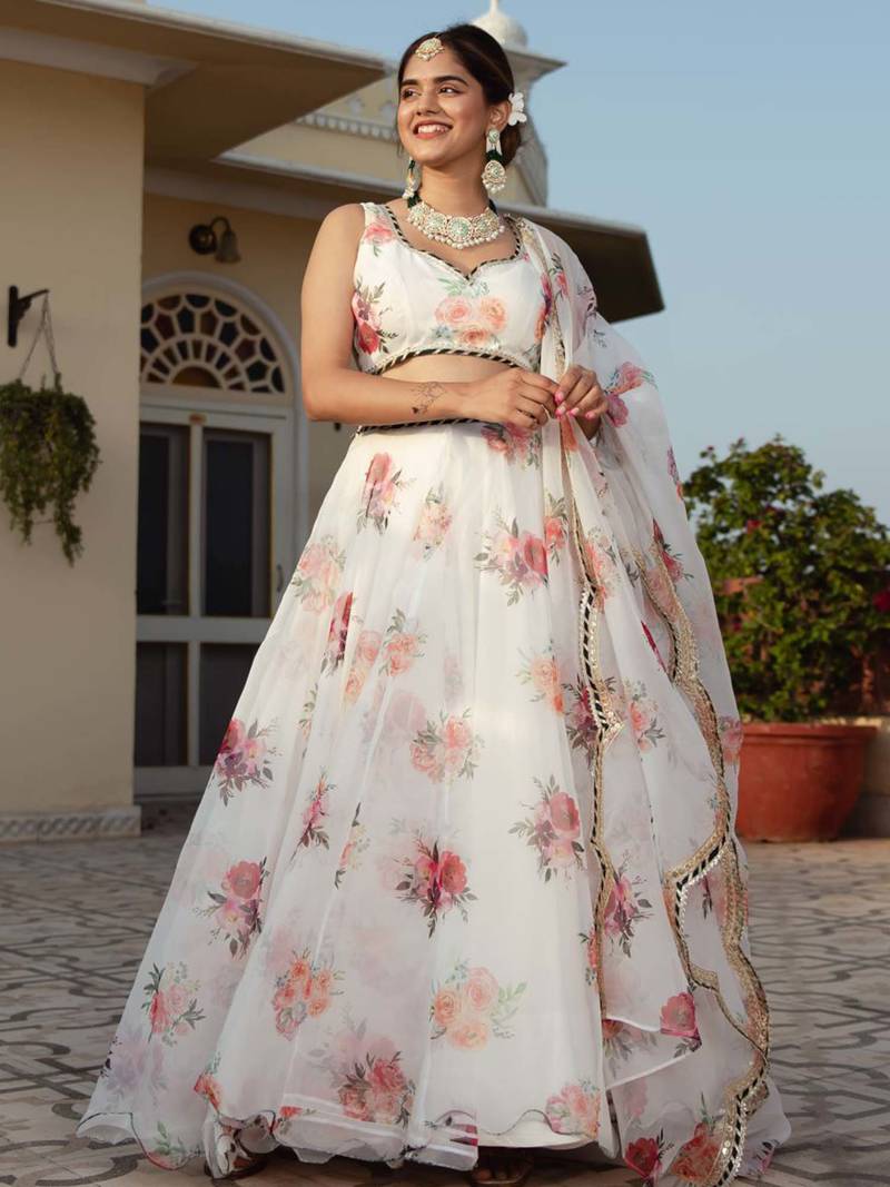 White Organza Floral Printed Lehenga Choli  with Gota patti Dupatta