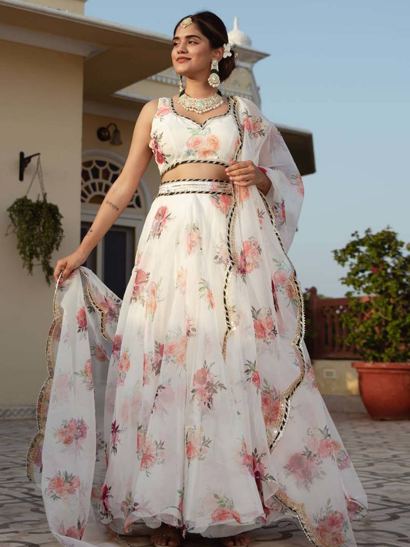 White Organza Floral Printed Lehenga Choli  with Gota patti Dupatta