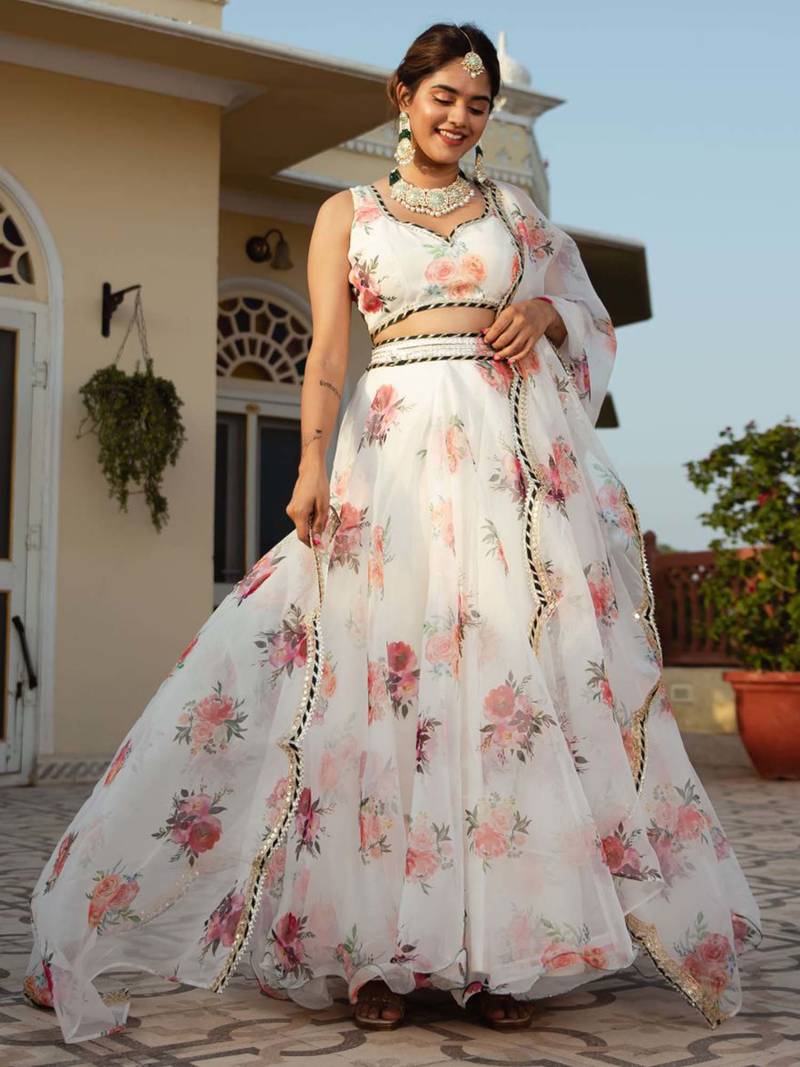 White Organza Floral Printed Lehenga Choli  with Gota patti Dupatta