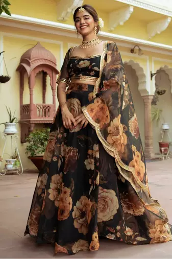 magnetic black floral printed organza festival lehenga set choli with dupatta