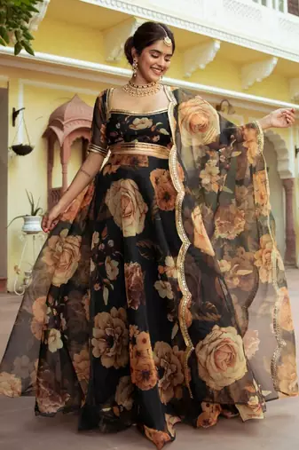 magnetic black floral printed organza festival lehenga set choli with dupatta