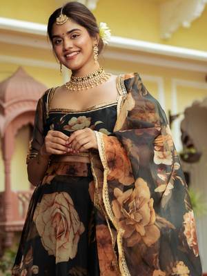 magnetic black floral printed organza festival lehenga set choli with dupatta 4
