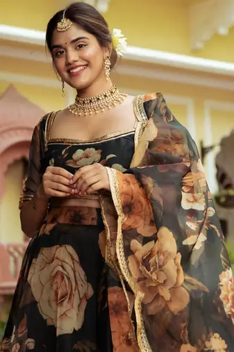 magnetic black floral printed organza festival lehenga set choli with dupatta