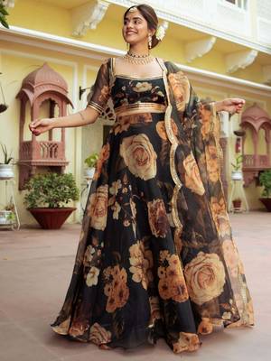magnetic black floral printed organza festival lehenga set choli with dupatta 6