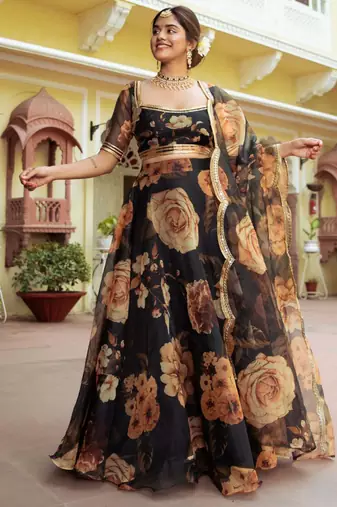 magnetic black floral printed organza festival lehenga set choli with dupatta