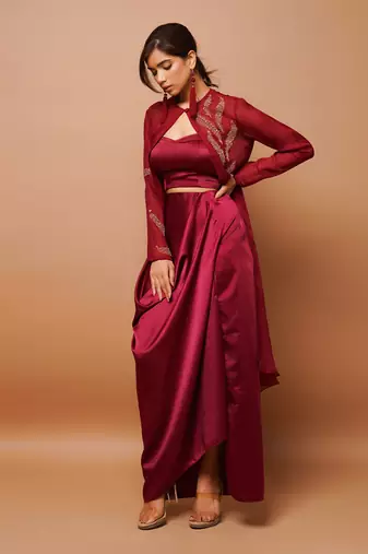 Wine indo skirt set