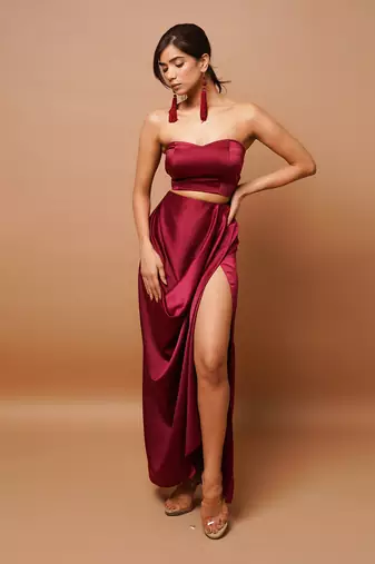 Wine indo skirt set