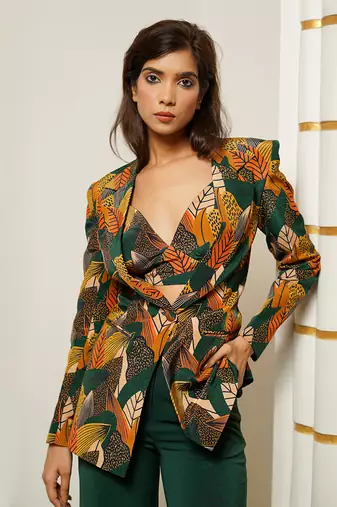 Green leaf print coat set