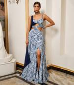 White and blue paisley long indo lehenga dress