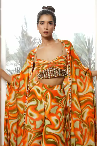 Orange multicolor abstract wave co ord set