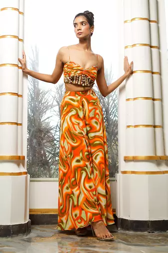 Orange multicolor abstract wave co ord set