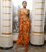 Orange multicolor abstract drape skirt set