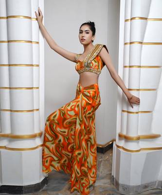 Orange multicolor abstract drape skirt set 2