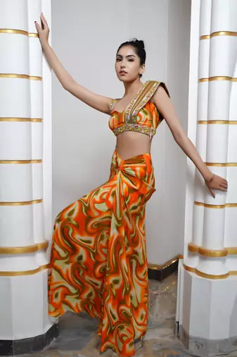 Orange multicolor abstract drape skirt set