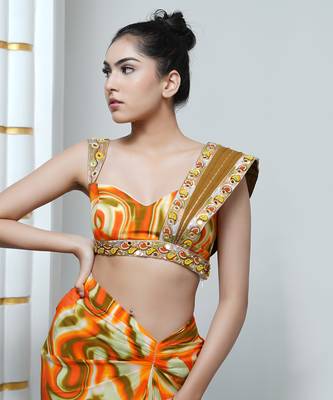 Orange multicolor abstract drape skirt set 3