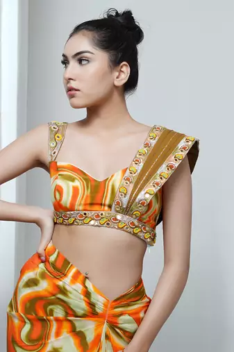 Orange multicolor abstract drape skirt set