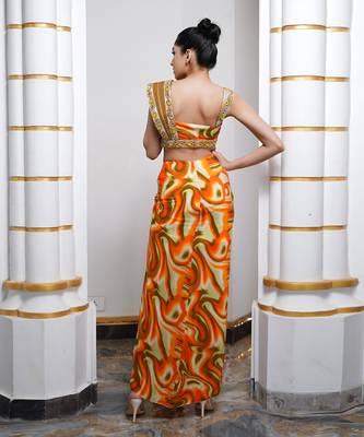 Orange multicolor abstract drape skirt set 4