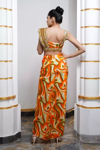 Orange multicolor abstract drape skirt set