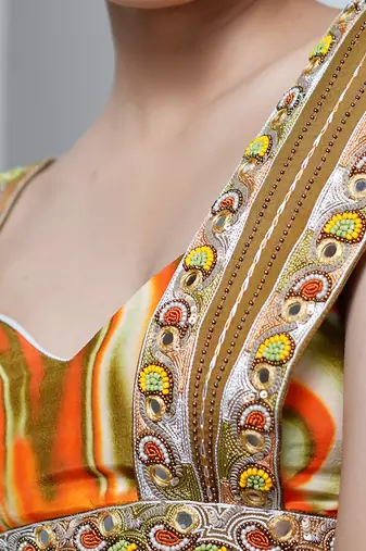 Orange multicolor abstract drape skirt set
