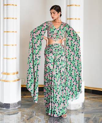 Green pink floral cape sleeve indo skirt set 1
