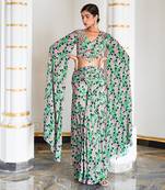 Green pink floral cape sleeve indo skirt set