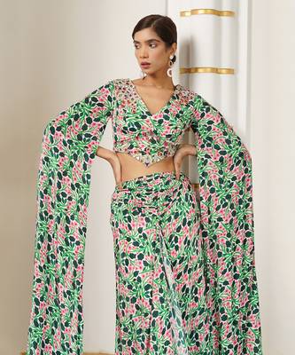Green pink floral cape sleeve indo skirt set 2