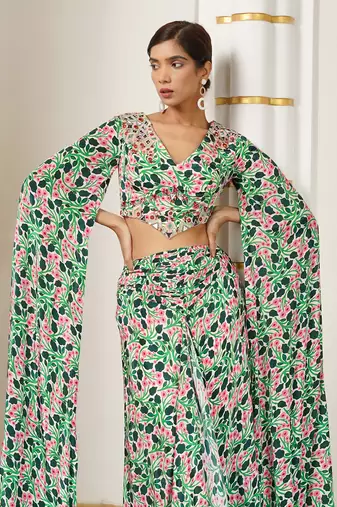 Green pink floral cape sleeve indo skirt set