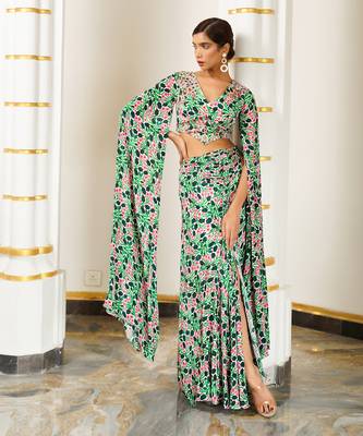 Green pink floral cape sleeve indo skirt set 3