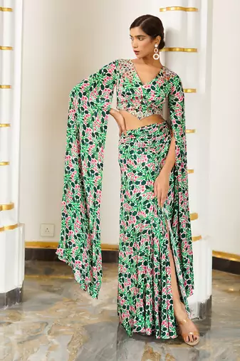 Green pink floral cape sleeve indo skirt set