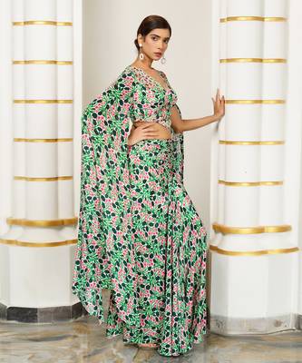 Green pink floral cape sleeve indo skirt set 4