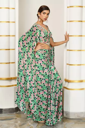Green pink floral cape sleeve indo skirt set