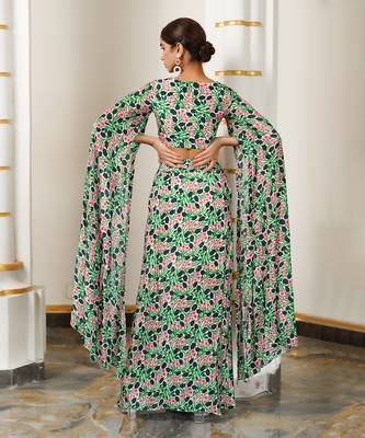 Green pink floral cape sleeve indo skirt set 5
