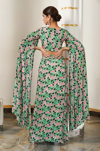 Green pink floral cape sleeve indo skirt set