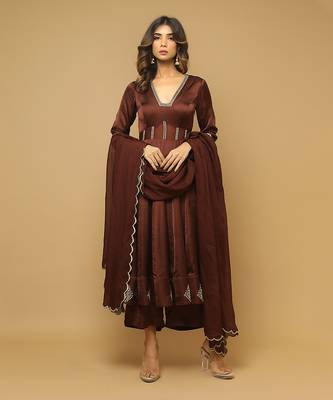 Brown satin anarkali set 1