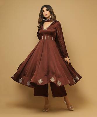 Brown satin anarkali set 2
