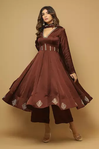 Brown satin anarkali set
