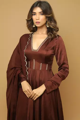 Brown satin anarkali set