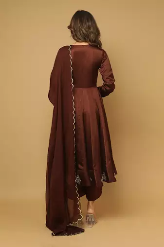 Brown satin anarkali set