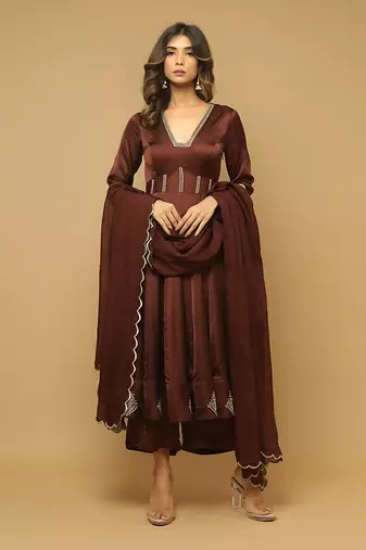 Brown satin anarkali set