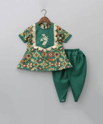 Bottle green ikkat print embroidered kurti set 1