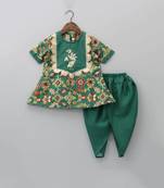 Bottle green ikkat print embroidered kurti set