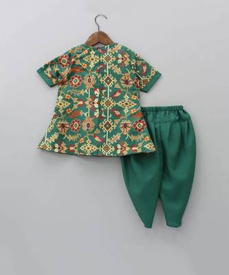 Bottle green ikkat print embroidered kurti set 2