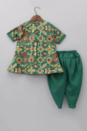 Bottle green ikkat print embroidered kurti set