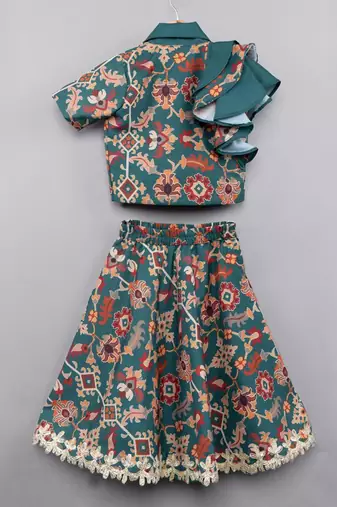 Bottel green ikkat printed ghagara set