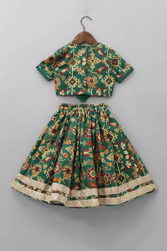 Bottel green ikkat embroidered ghagara set