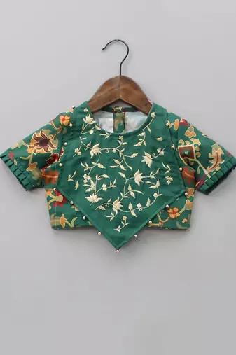 Bottel green ikkat embroidered ghagara set