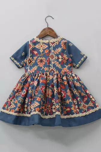 Sapphire blue ikkat print hand embroiderey gown