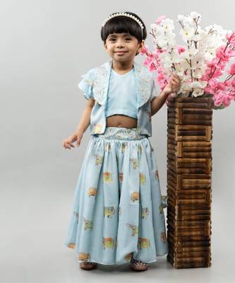 Powder blue elephant print jacket with ghagara set 1
